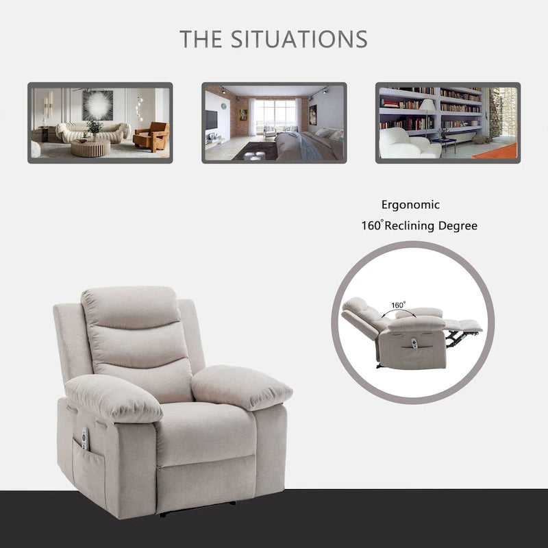 Fauteuil inclinable électrique en velours beige/bleu/gris clair/camel/gris foncé avec fonctions chauffante et massage - Usage unique