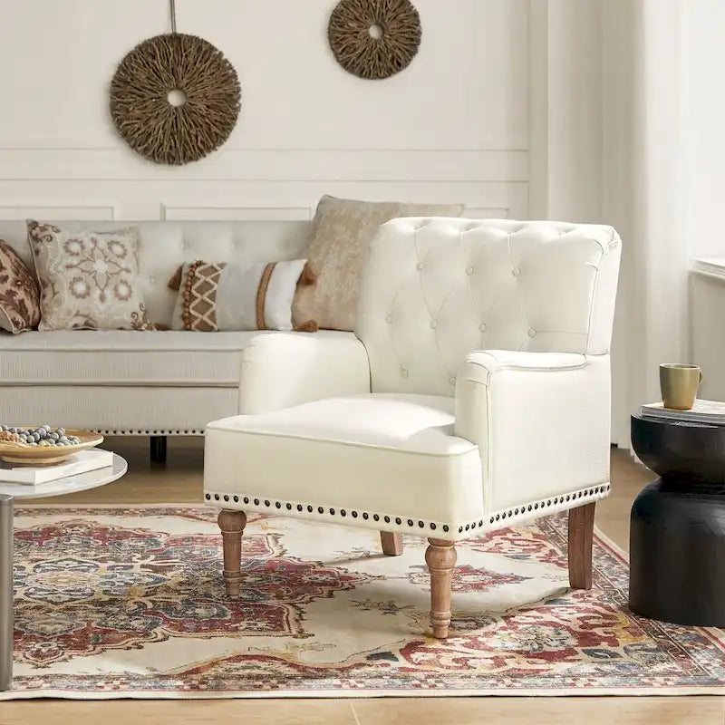 Fauteuil d'appoint classique capitonné avec cloutage et accoudoirs, disponible en ivoire/bleu marine/bleu/anthracite/avoine/beige/étain/rouille/gris/noir - Usage unique