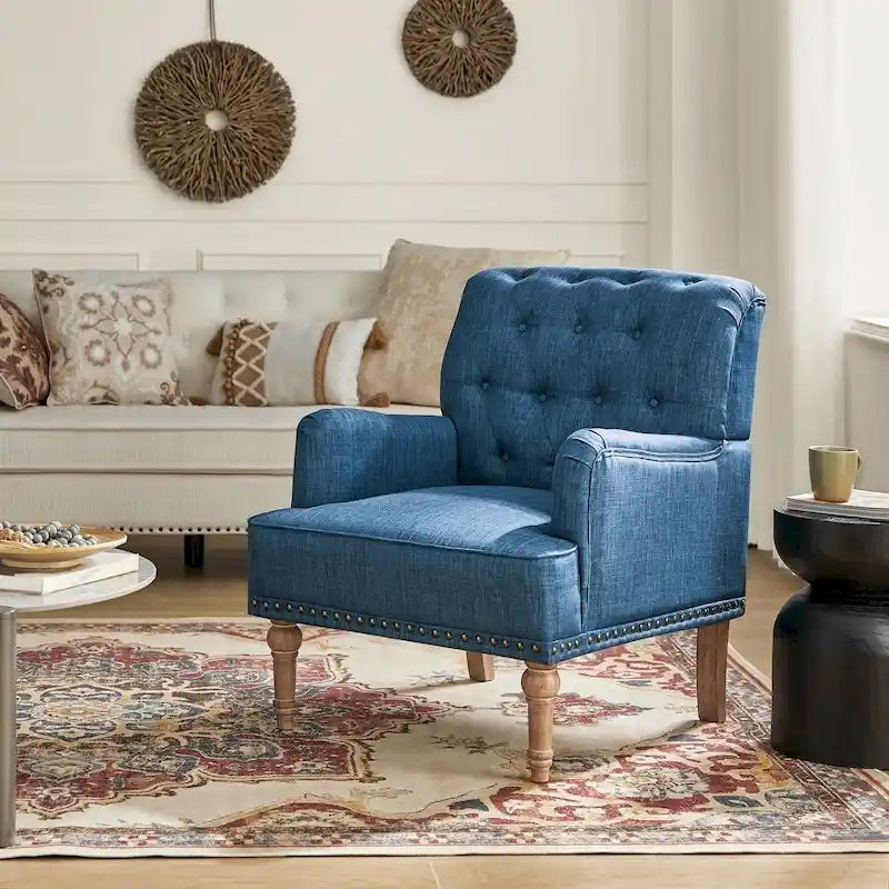 Fauteuil d'appoint classique capitonné avec cloutage et accoudoirs, disponible en ivoire/bleu marine/bleu/anthracite/avoine/beige/étain/rouille/gris/noir - Usage unique