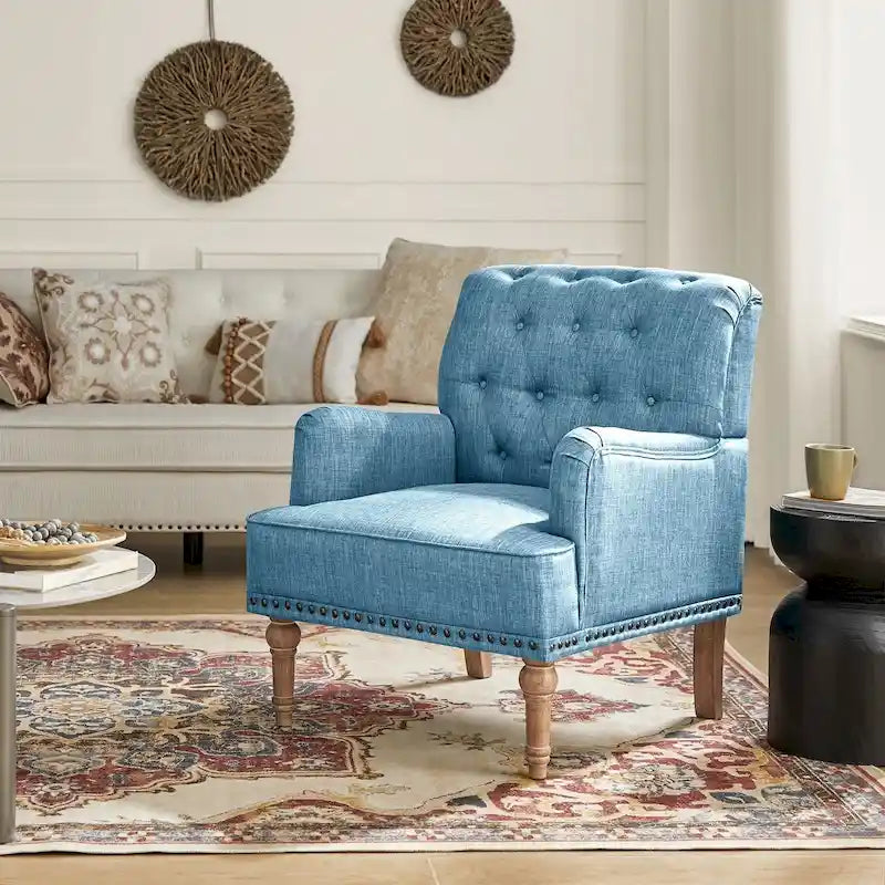 Fauteuil d'appoint classique capitonné avec cloutage et accoudoirs, disponible en ivoire/bleu marine/bleu/anthracite/avoine/beige/étain/rouille/gris/noir - Usage unique