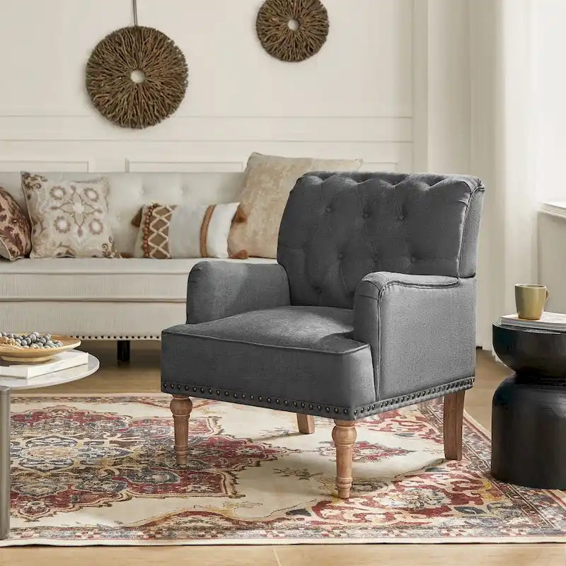 Fauteuil d'appoint classique capitonné avec cloutage et accoudoirs, disponible en ivoire/bleu marine/bleu/anthracite/avoine/beige/étain/rouille/gris/noir - Usage unique