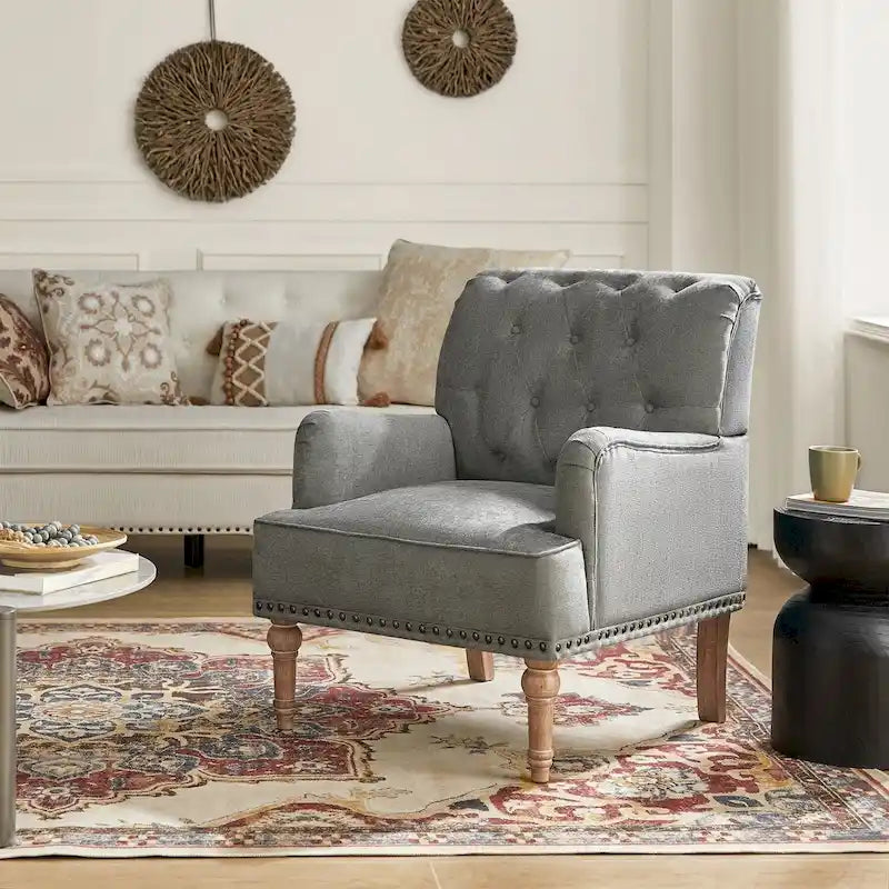 Fauteuil d'appoint classique capitonné avec cloutage et accoudoirs, disponible en ivoire/bleu marine/bleu/anthracite/avoine/beige/étain/rouille/gris/noir - Usage unique