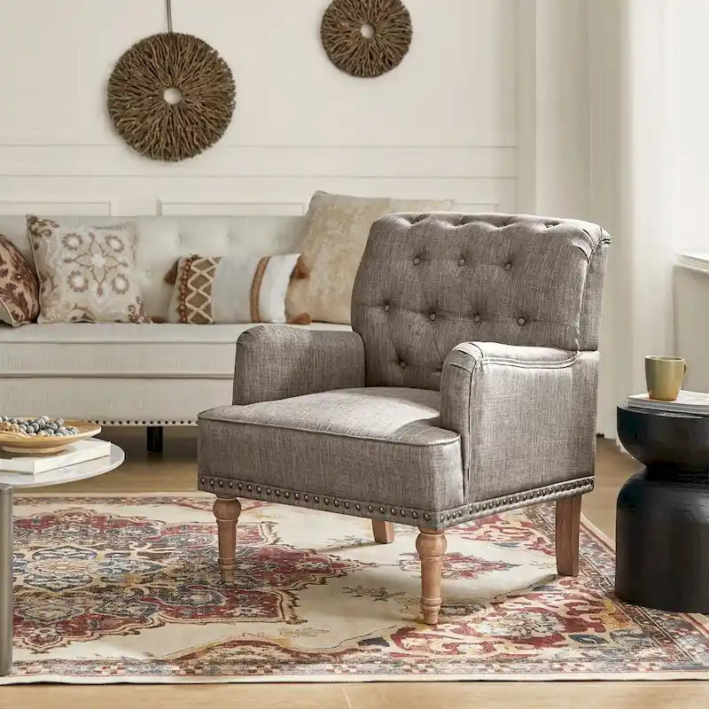 Fauteuil d'appoint classique capitonné avec cloutage et accoudoirs, disponible en ivoire/bleu marine/bleu/anthracite/avoine/beige/étain/rouille/gris/noir - Usage unique