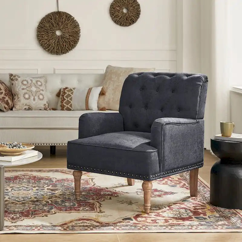 Fauteuil d'appoint classique capitonné avec cloutage et accoudoirs, disponible en ivoire/bleu marine/bleu/anthracite/avoine/beige/étain/rouille/gris/noir - Usage unique