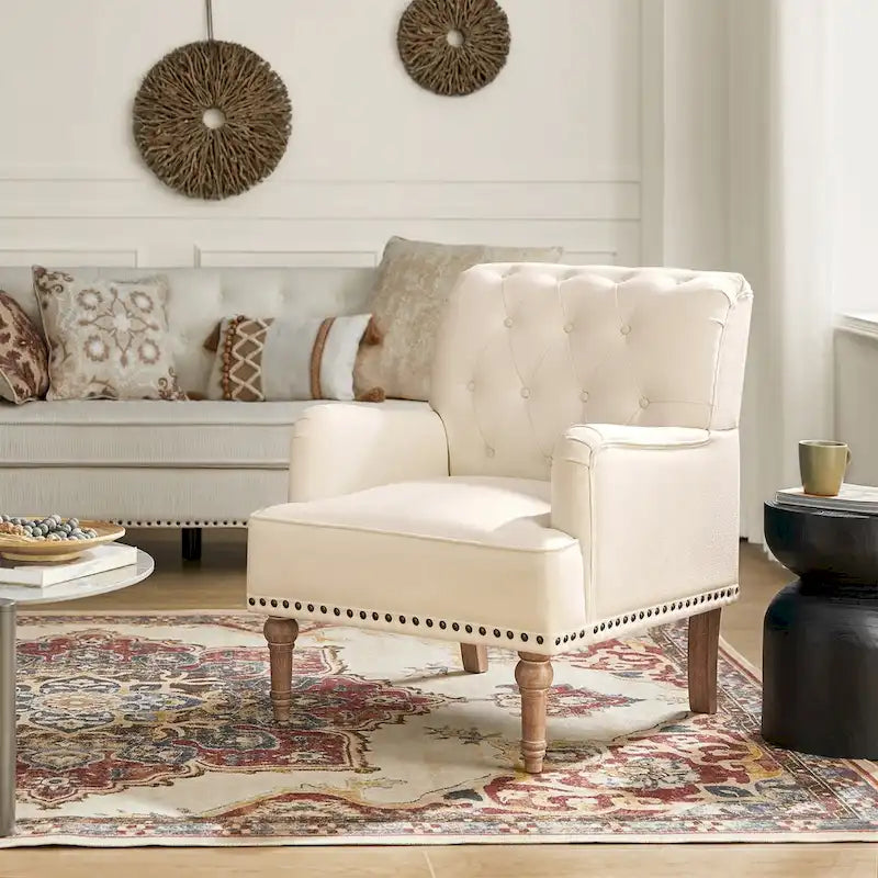 Fauteuil d'appoint classique capitonné avec cloutage et accoudoirs, disponible en ivoire/bleu marine/bleu/anthracite/avoine/beige/étain/rouille/gris/noir - Usage unique