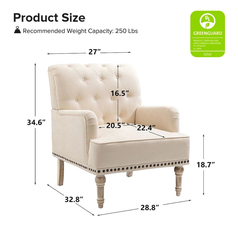 Fauteuil d'appoint classique capitonné avec cloutage et accoudoirs, disponible en ivoire/bleu marine/bleu/anthracite/avoine/beige/étain/rouille/gris/noir - Usage unique