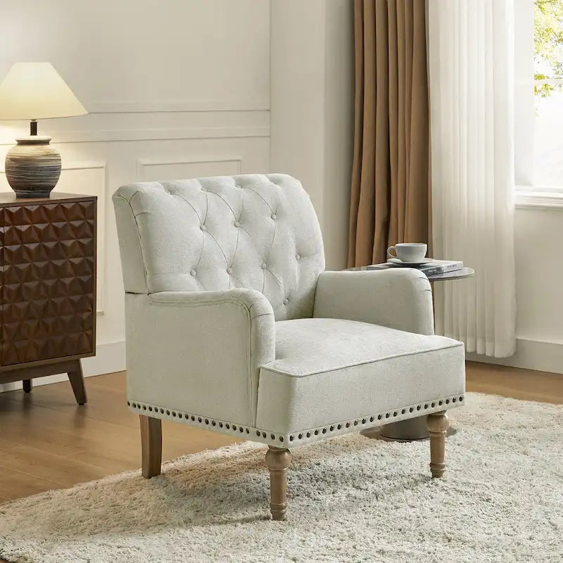 Fauteuil d'appoint classique capitonné avec cloutage et accoudoirs, disponible en ivoire/bleu marine/bleu/anthracite/avoine/beige/étain/rouille/gris/noir - Usage unique
