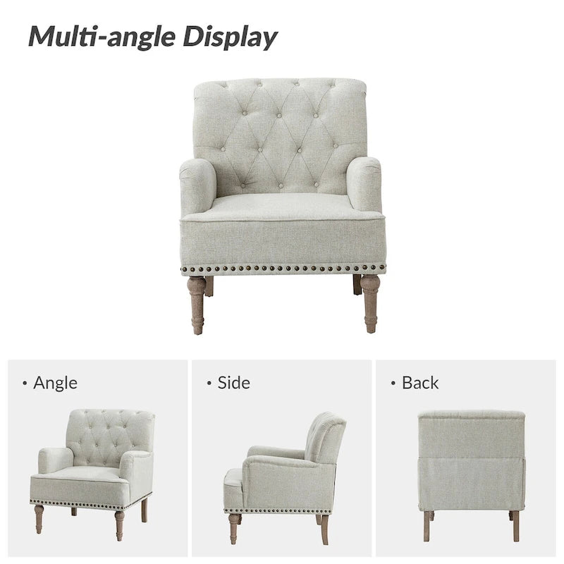 Fauteuil d'appoint classique capitonné avec cloutage et accoudoirs, disponible en ivoire/bleu marine/bleu/anthracite/avoine/beige/étain/rouille/gris/noir - Usage unique