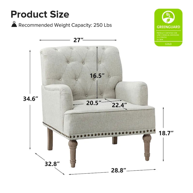 Fauteuil d'appoint classique capitonné avec cloutage et accoudoirs, disponible en ivoire/bleu marine/bleu/anthracite/avoine/beige/étain/rouille/gris/noir - Usage unique
