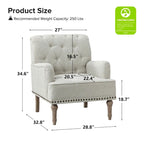 Fauteuil d'appoint classique capitonné avec cloutage et accoudoirs, disponible en ivoire/bleu marine/bleu/anthracite/avoine/beige/étain/rouille/gris/noir - Usage unique