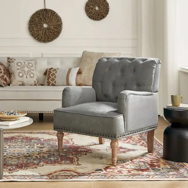 Fauteuil d'appoint classique capitonné avec cloutage et accoudoirs, disponible en ivoire/bleu marine/bleu/anthracite/avoine/beige/étain/rouille/gris/noir - Usage unique