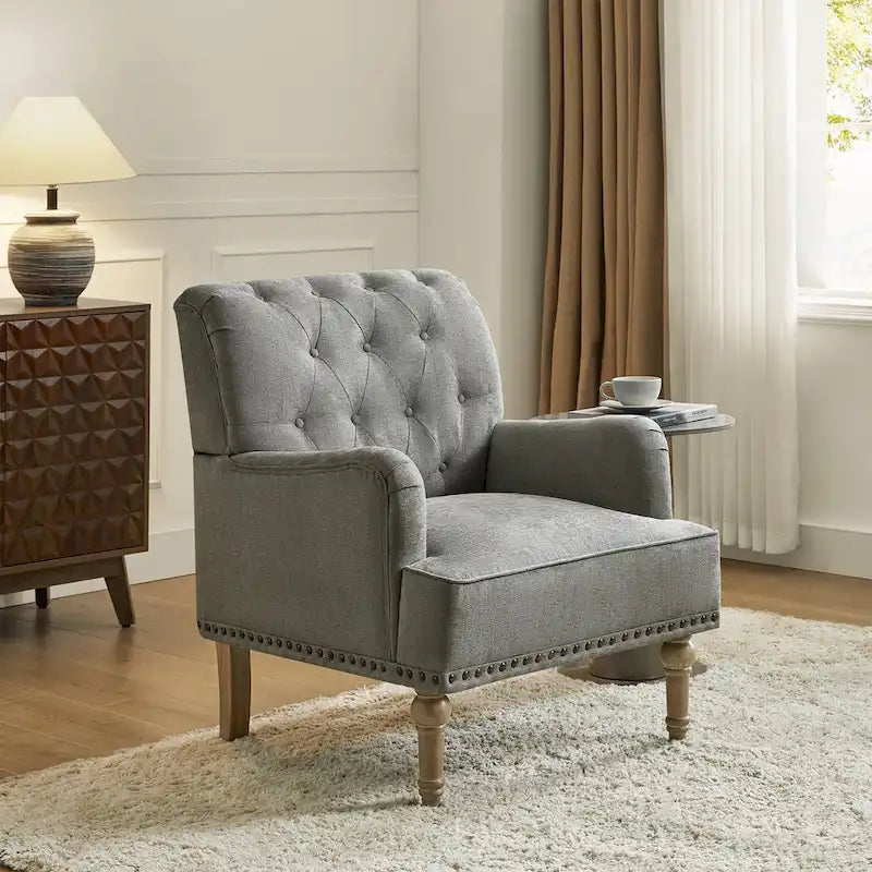 Fauteuil d'appoint classique capitonné avec cloutage et accoudoirs, disponible en ivoire/bleu marine/bleu/anthracite/avoine/beige/étain/rouille/gris/noir - Usage unique