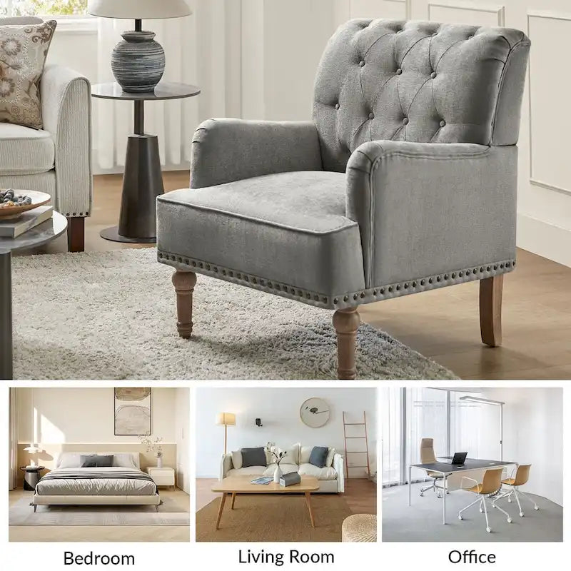 Fauteuil d'appoint classique capitonné avec cloutage et accoudoirs, disponible en ivoire/bleu marine/bleu/anthracite/avoine/beige/étain/rouille/gris/noir - Usage unique