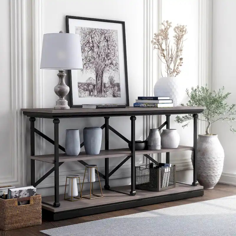 Table console de transition à 2 étagères Gris antique / Chêne foncé / Blanc antique / Bleu antique - Usage unique
