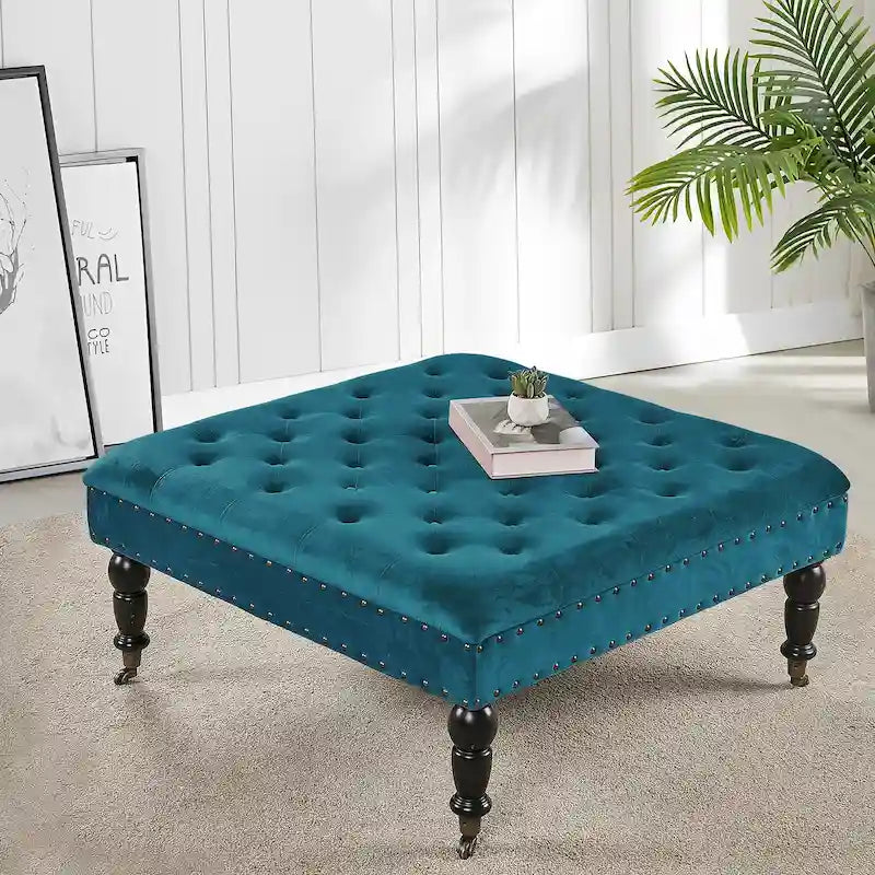 Pouf carré capitonné de couleur sarcelle foncée / vert agate / bleu orion / carafe / argent / tourbe / ivoire / orange brûlé / taupe avec roulettes en laiton – Usage unique
