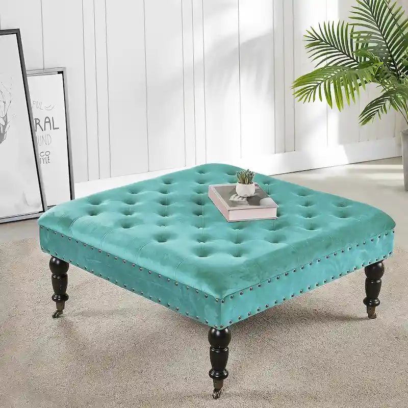 Pouf carré capitonné de couleur sarcelle foncée / vert agate / bleu orion / carafe / argent / tourbe / ivoire / orange brûlé / taupe avec roulettes en laiton – Usage unique
