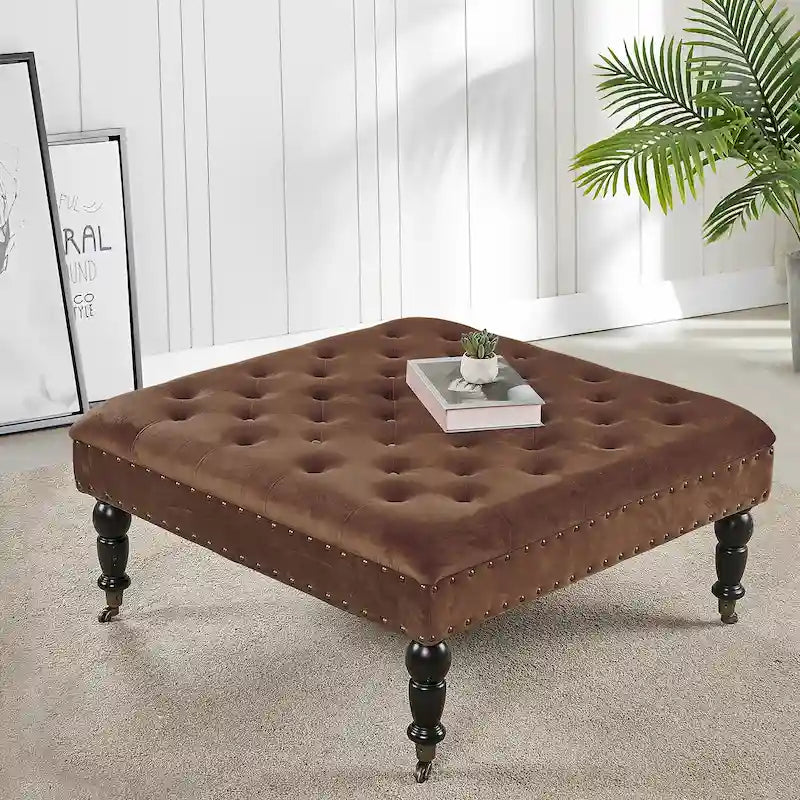 Pouf carré capitonné de couleur sarcelle foncée / vert agate / bleu orion / carafe / argent / tourbe / ivoire / orange brûlé / taupe avec roulettes en laiton – Usage unique
