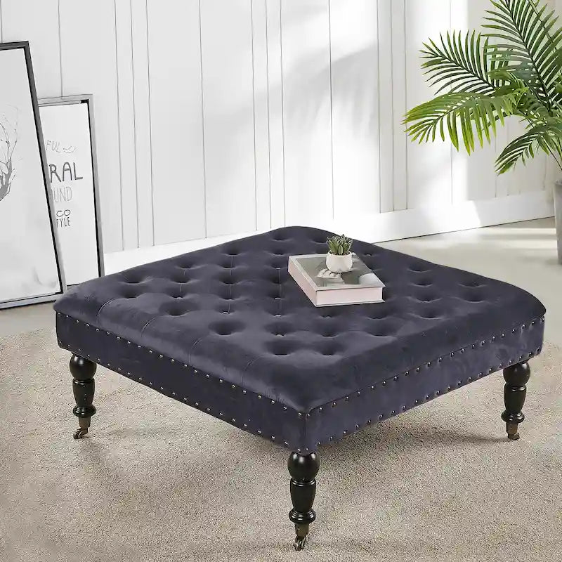 Pouf carré capitonné de couleur sarcelle foncée / vert agate / bleu orion / carafe / argent / tourbe / ivoire / orange brûlé / taupe avec roulettes en laiton – Usage unique