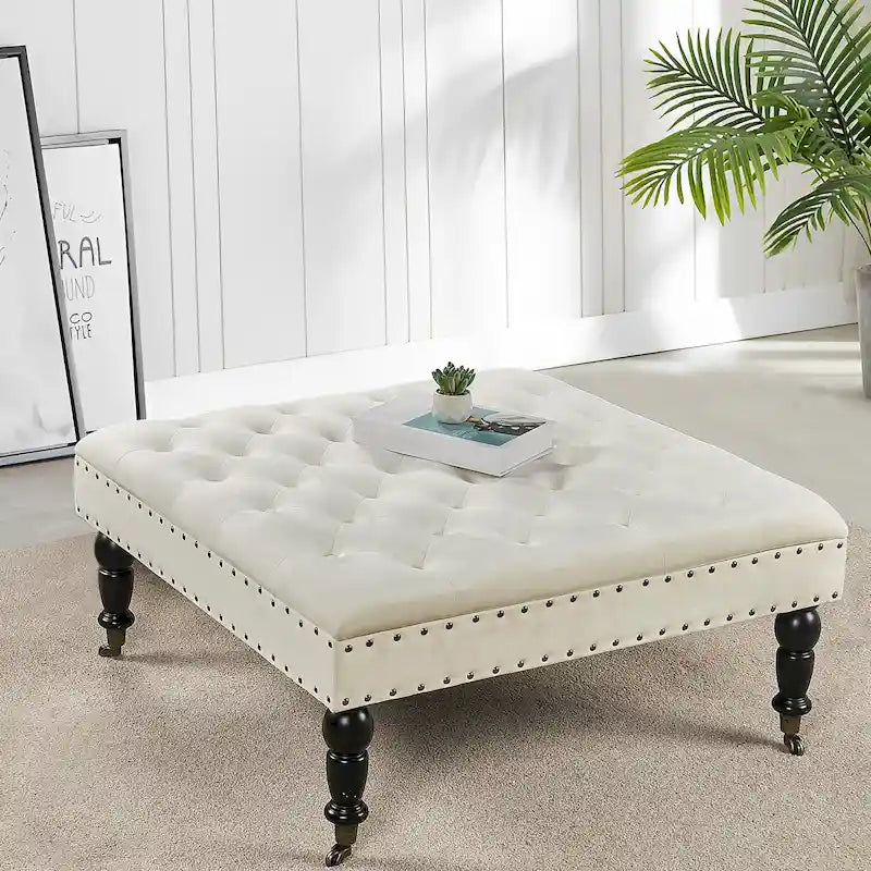 Pouf carré capitonné de couleur sarcelle foncée / vert agate / bleu orion / carafe / argent / tourbe / ivoire / orange brûlé / taupe avec roulettes en laiton – Usage unique