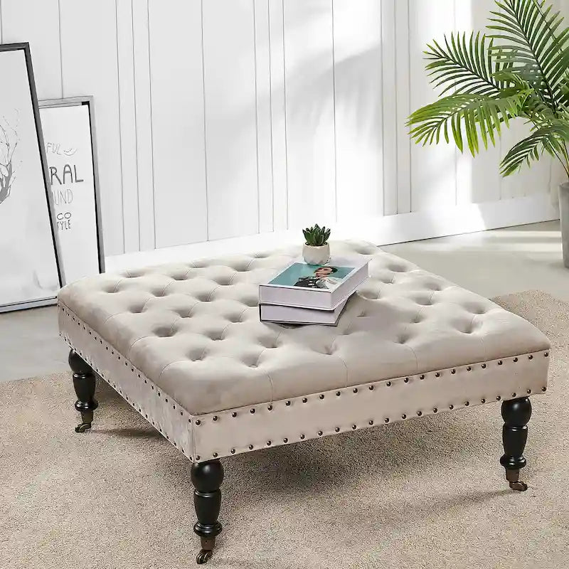 Pouf carré capitonné de couleur sarcelle foncée / vert agate / bleu orion / carafe / argent / tourbe / ivoire / orange brûlé / taupe avec roulettes en laiton – Usage unique