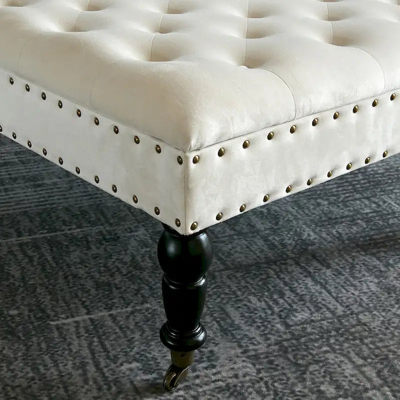 Pouf carré capitonné de couleur sarcelle foncée / vert agate / bleu orion / carafe / argent / tourbe / ivoire / orange brûlé / taupe avec roulettes en laiton – Usage unique