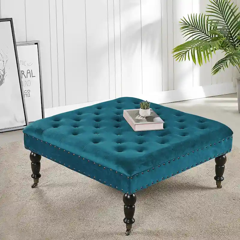 Pouf carré capitonné de couleur sarcelle foncée / vert agate / bleu orion / carafe / argent / tourbe / ivoire / orange brûlé / taupe avec roulettes en laiton – Usage unique