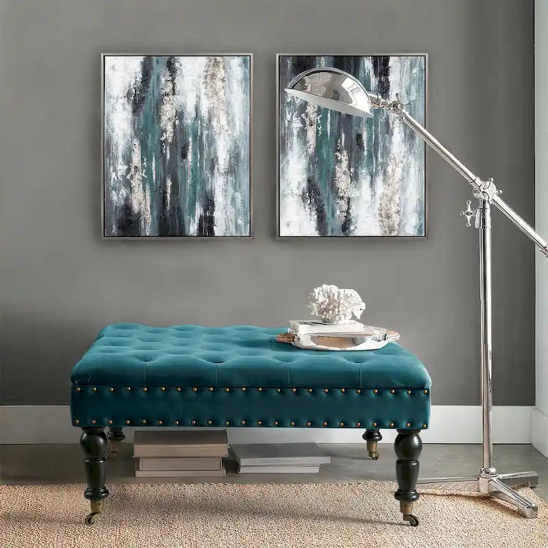 Pouf carré capitonné de couleur sarcelle foncée / vert agate / bleu orion / carafe / argent / tourbe / ivoire / orange brûlé / taupe avec roulettes en laiton – Usage unique