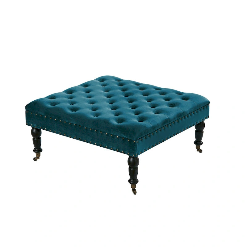 Pouf carré capitonné de couleur sarcelle foncée / vert agate / bleu orion / carafe / argent / tourbe / ivoire / orange brûlé / taupe avec roulettes en laiton – Usage unique
