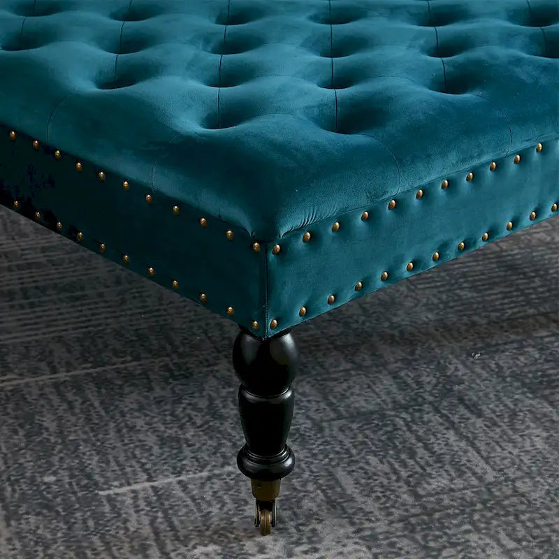 Pouf carré capitonné de couleur sarcelle foncée / vert agate / bleu orion / carafe / argent / tourbe / ivoire / orange brûlé / taupe avec roulettes en laiton – Usage unique