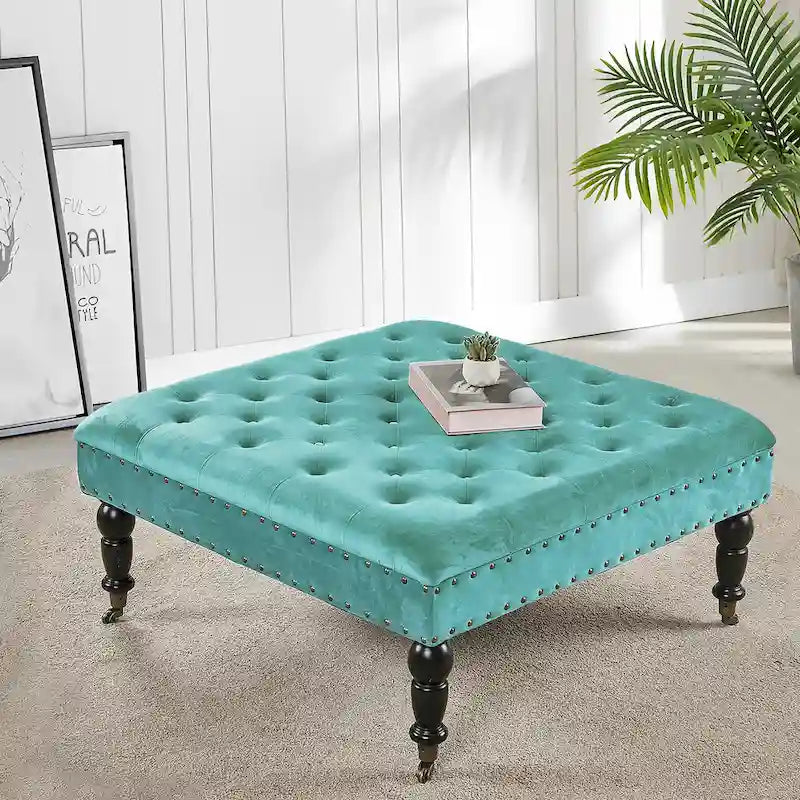 Pouf carré capitonné de couleur sarcelle foncée / vert agate / bleu orion / carafe / argent / tourbe / ivoire / orange brûlé / taupe avec roulettes en laiton – Usage unique