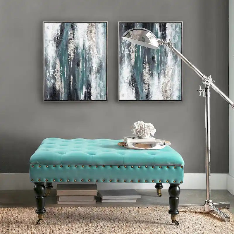 Pouf carré capitonné de couleur sarcelle foncée / vert agate / bleu orion / carafe / argent / tourbe / ivoire / orange brûlé / taupe avec roulettes en laiton – Usage unique
