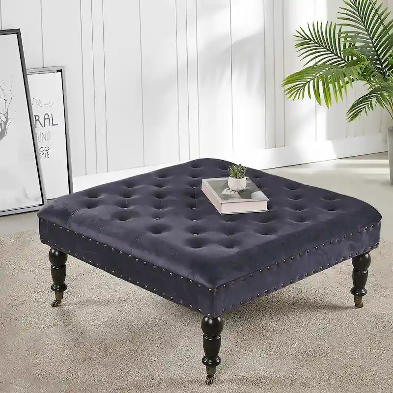 Pouf carré capitonné de couleur sarcelle foncée / vert agate / bleu orion / carafe / argent / tourbe / ivoire / orange brûlé / taupe avec roulettes en laiton – Usage unique