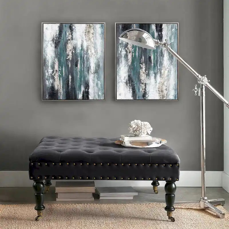 Pouf carré capitonné de couleur sarcelle foncée / vert agate / bleu orion / carafe / argent / tourbe / ivoire / orange brûlé / taupe avec roulettes en laiton – Usage unique