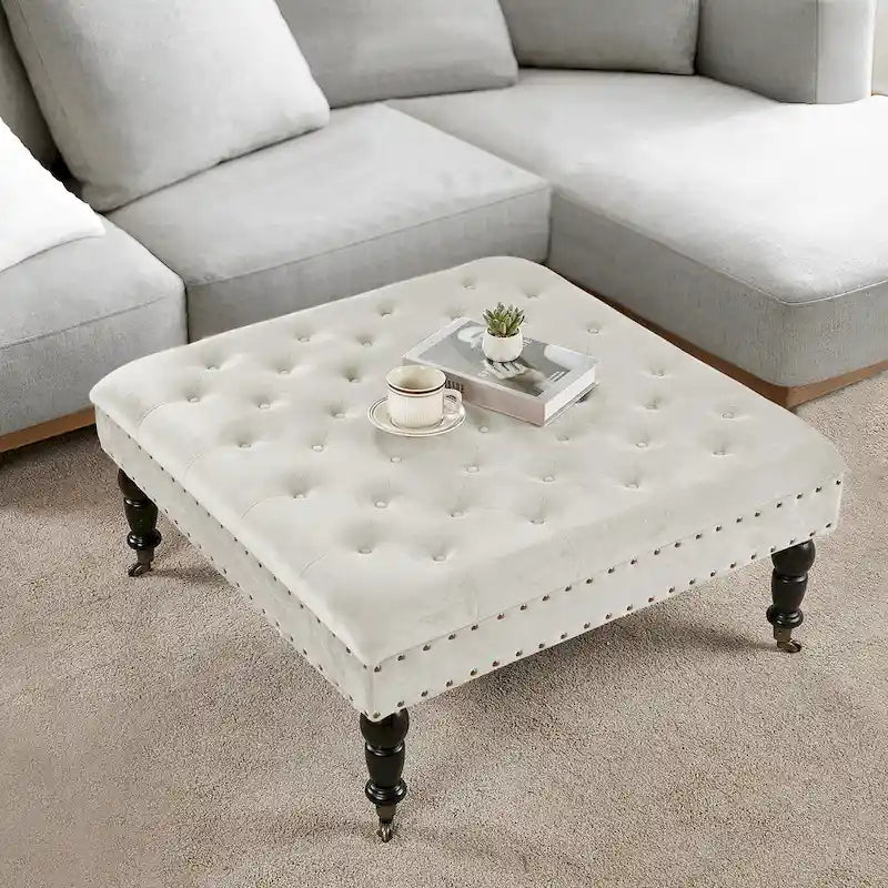 Pouf carré capitonné de couleur sarcelle foncée / vert agate / bleu orion / carafe / argent / tourbe / ivoire / orange brûlé / taupe avec roulettes en laiton – Usage unique