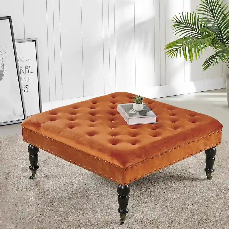 Pouf carré capitonné de couleur sarcelle foncée / vert agate / bleu orion / carafe / argent / tourbe / ivoire / orange brûlé / taupe avec roulettes en laiton – Usage unique