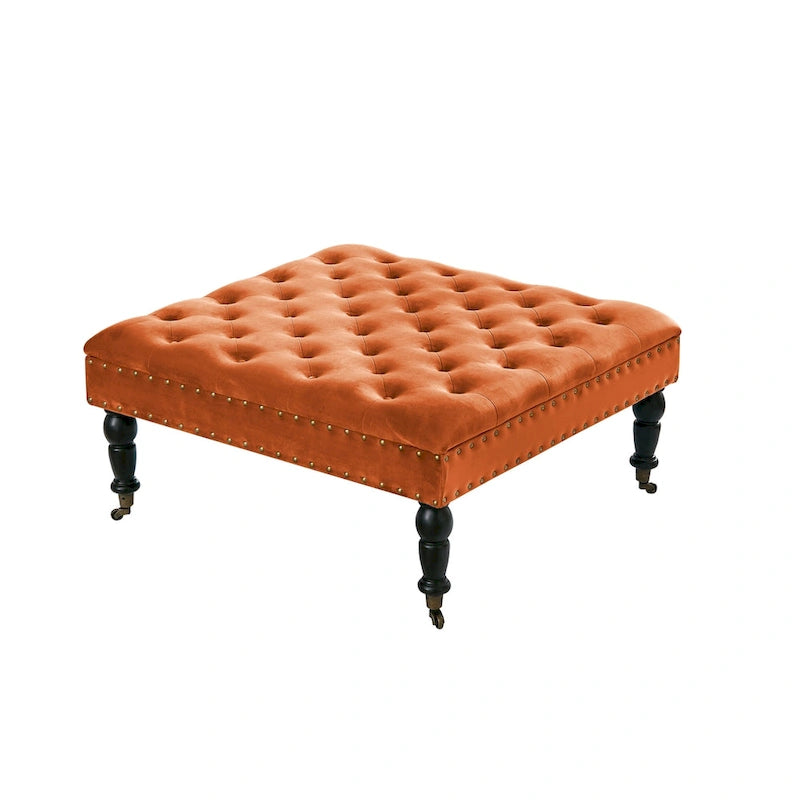 Pouf carré capitonné de couleur sarcelle foncée / vert agate / bleu orion / carafe / argent / tourbe / ivoire / orange brûlé / taupe avec roulettes en laiton – Usage unique