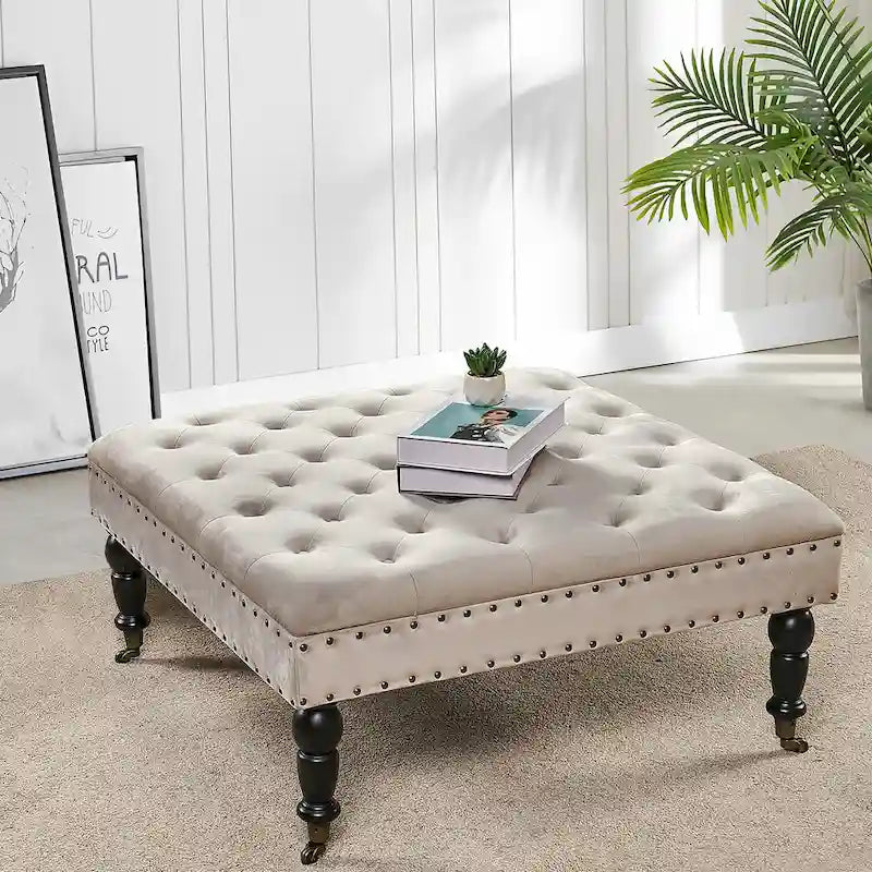 Pouf carré capitonné de couleur sarcelle foncée / vert agate / bleu orion / carafe / argent / tourbe / ivoire / orange brûlé / taupe avec roulettes en laiton – Usage unique