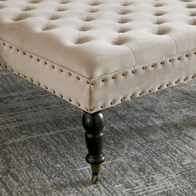 Pouf carré capitonné de couleur sarcelle foncée / vert agate / bleu orion / carafe / argent / tourbe / ivoire / orange brûlé / taupe avec roulettes en laiton – Usage unique