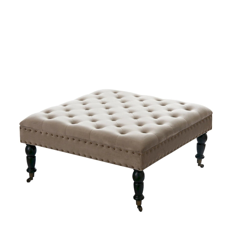 Pouf carré capitonné de couleur sarcelle foncée / vert agate / bleu orion / carafe / argent / tourbe / ivoire / orange brûlé / taupe avec roulettes en laiton – Usage unique