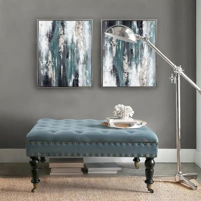 Pouf carré capitonné de couleur sarcelle foncée / vert agate / bleu orion / carafe / argent / tourbe / ivoire / orange brûlé / taupe avec roulettes en laiton – Usage unique