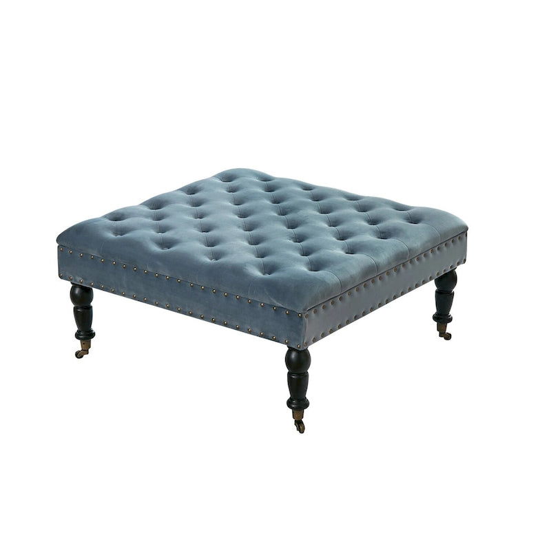 Pouf carré capitonné de couleur sarcelle foncée / vert agate / bleu orion / carafe / argent / tourbe / ivoire / orange brûlé / taupe avec roulettes en laiton – Usage unique