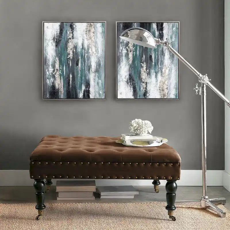 Pouf carré capitonné de couleur sarcelle foncée / vert agate / bleu orion / carafe / argent / tourbe / ivoire / orange brûlé / taupe avec roulettes en laiton – Usage unique