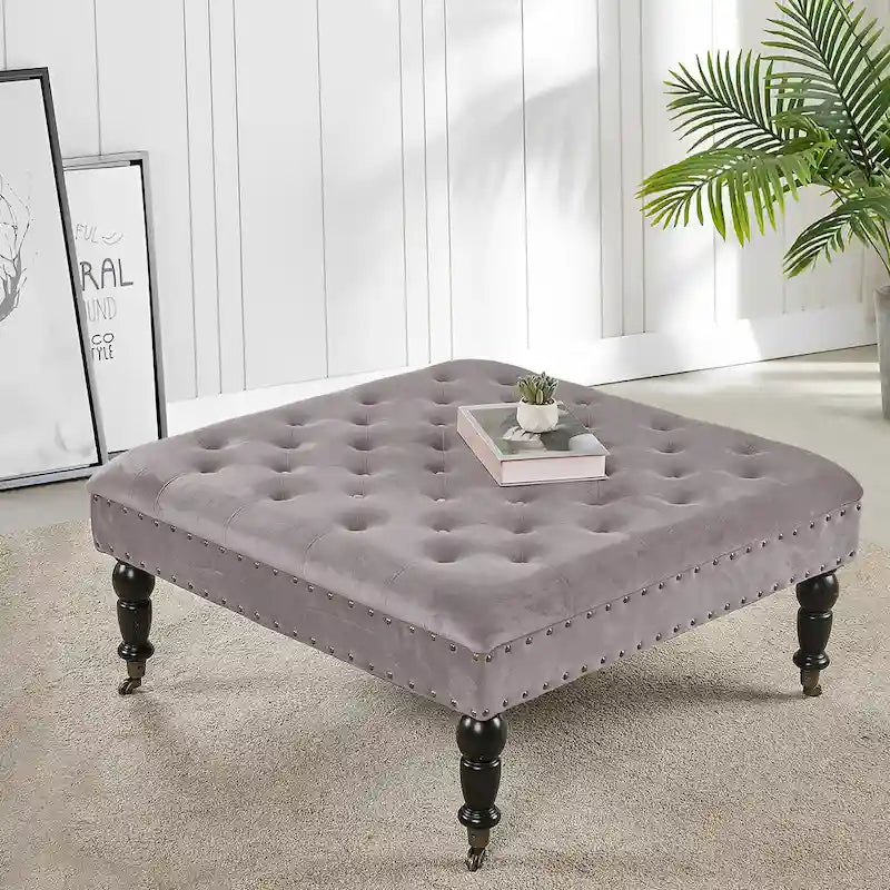 Pouf carré capitonné de couleur sarcelle foncée / vert agate / bleu orion / carafe / argent / tourbe / ivoire / orange brûlé / taupe avec roulettes en laiton – Usage unique