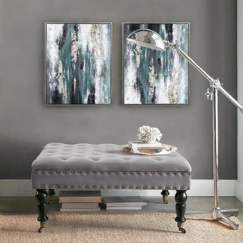 Pouf carré capitonné de couleur sarcelle foncée / vert agate / bleu orion / carafe / argent / tourbe / ivoire / orange brûlé / taupe avec roulettes en laiton – Usage unique