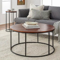 Table basse ronde moderne en bois marron / verre transparent / marbre blanc / marbre et or avec cadre en métal noir - Usage unique