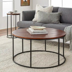 Table basse ronde moderne en bois marron / verre transparent / marbre blanc / marbre et or avec cadre en métal noir - Usage unique