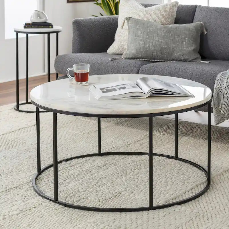 Table basse ronde moderne en bois marron / verre transparent / marbre blanc / marbre et or avec cadre en métal noir - Usage unique