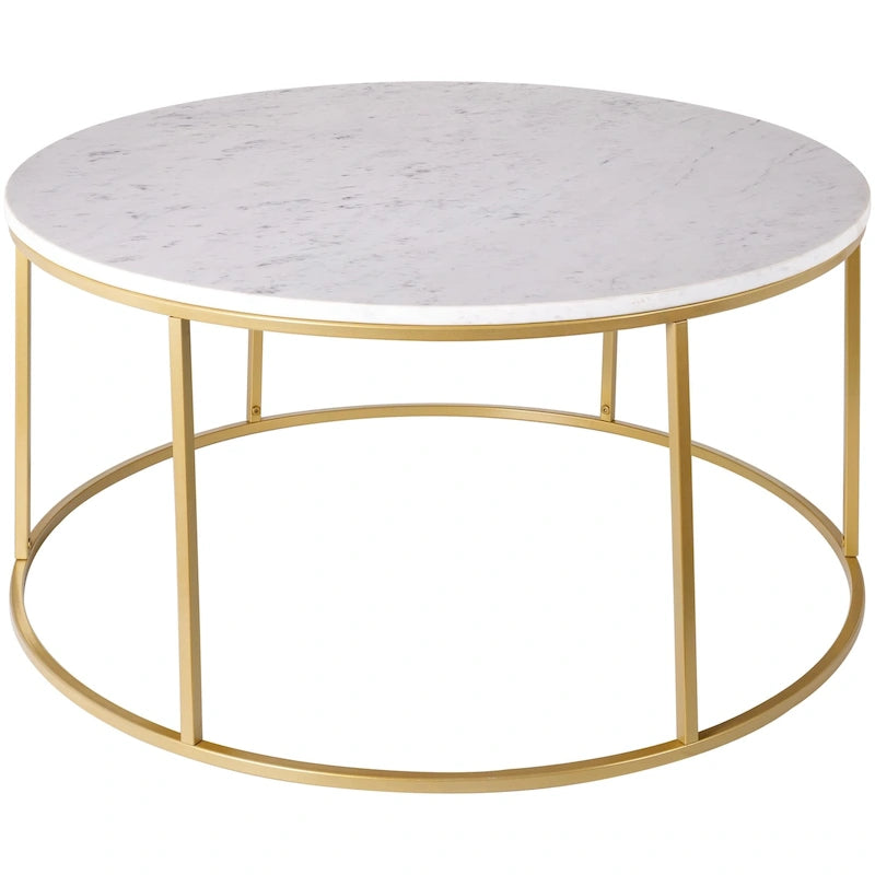 Table basse ronde moderne en bois marron / verre transparent / marbre blanc / marbre et or avec cadre en métal noir - Usage unique