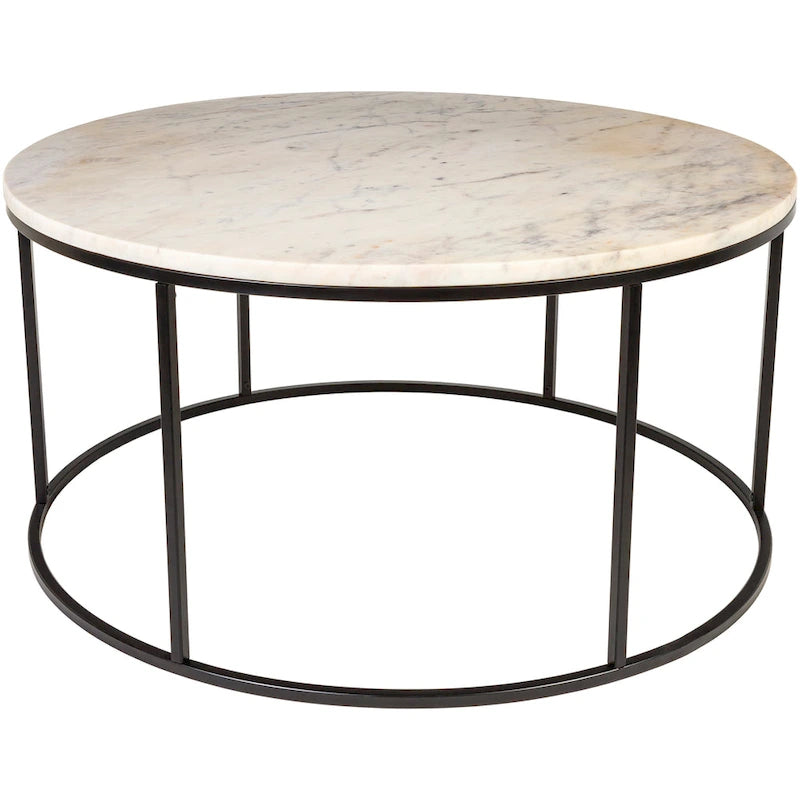 Table basse ronde moderne en bois marron / verre transparent / marbre blanc / marbre et or avec cadre en métal noir - Usage unique