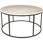 Table basse ronde moderne en bois marron / verre transparent / marbre blanc / marbre et or avec cadre en métal noir - Usage unique